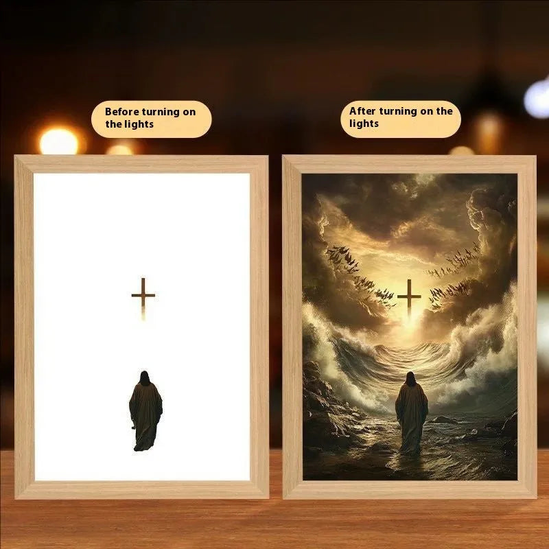 Modern rectangular LED photo frame displaying changeable sea scene artwork with built-in illumination