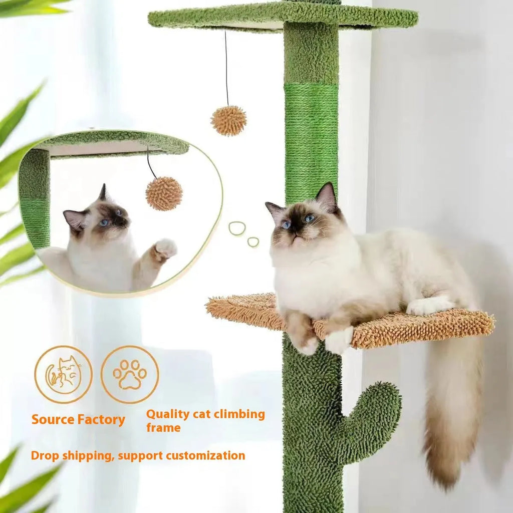 Tall cactus design cat tree with integrated scratch board and toy on solid wood climbing frame