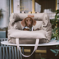 Green waterproof PU leather dog car nest with removable bed, showing 55x50x45cm dimensions.