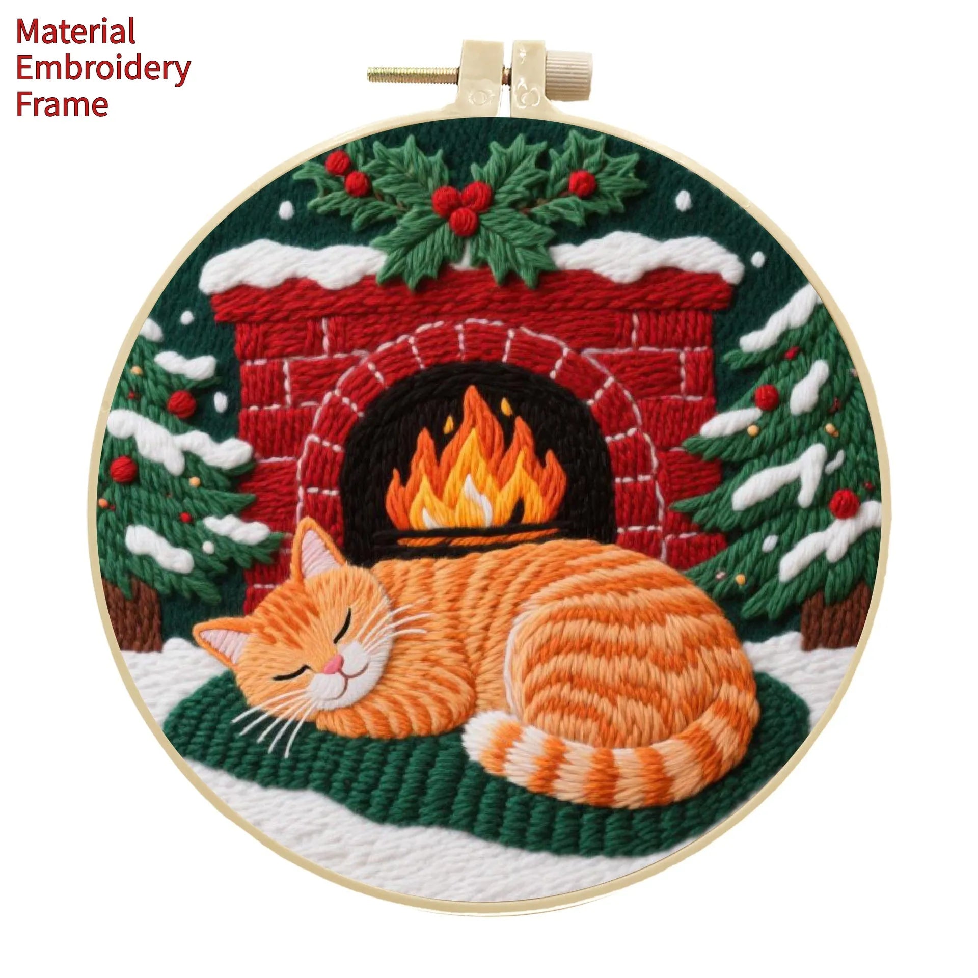 DIY embroidery material kit showing cotton linen fabric with cat and autumn fruit design, optional bamboo hoop and scissors