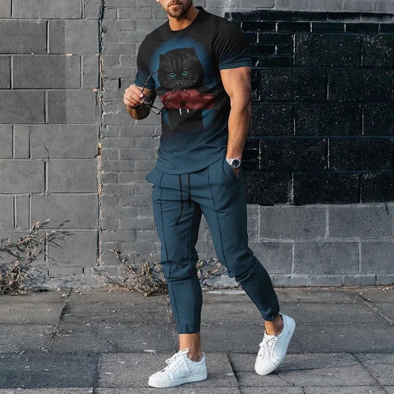 Men's short-sleeved round neck T-shirt and matching trousers set in a solid colour.