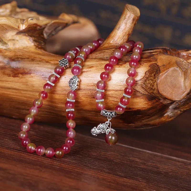 Handmade watermelon crystal bracelet with Chinese knot and geometric beads in two size options
