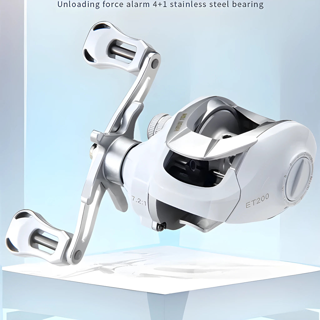 Small white micro baitcasting fishing reel with drip wheel mechanism