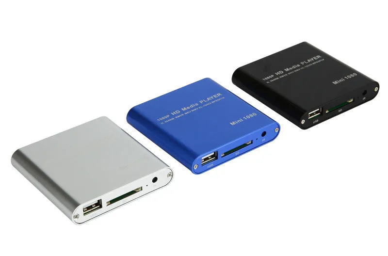 Compact blue and black all-metal 1080P Full HD media player with HDMI port for SD cards and USB drives.