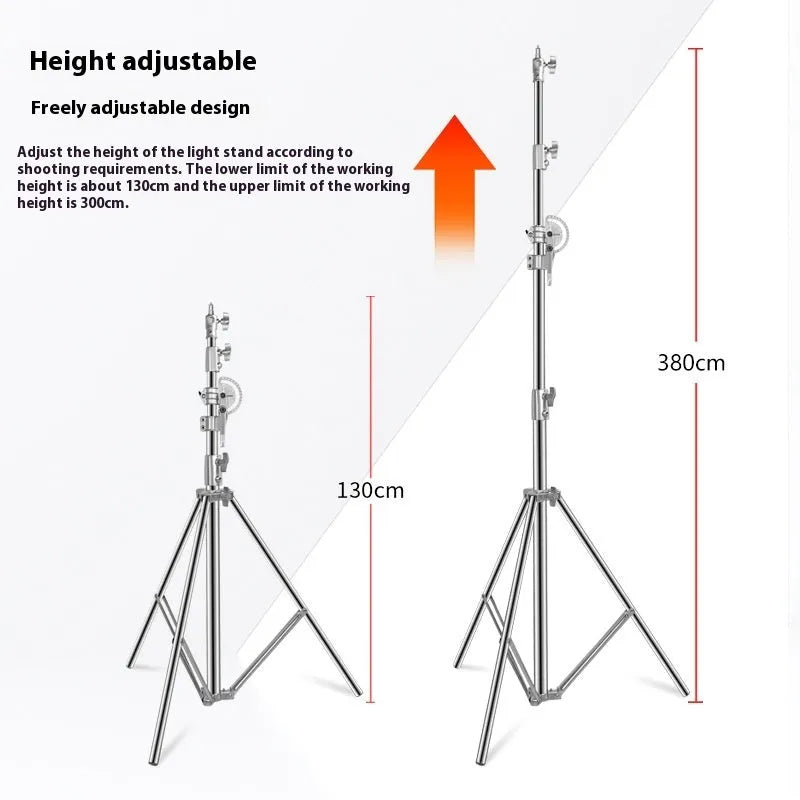 Silver stainless steel ceiling lamp rack extended to show cross arm and lamp holder with diameter measurements