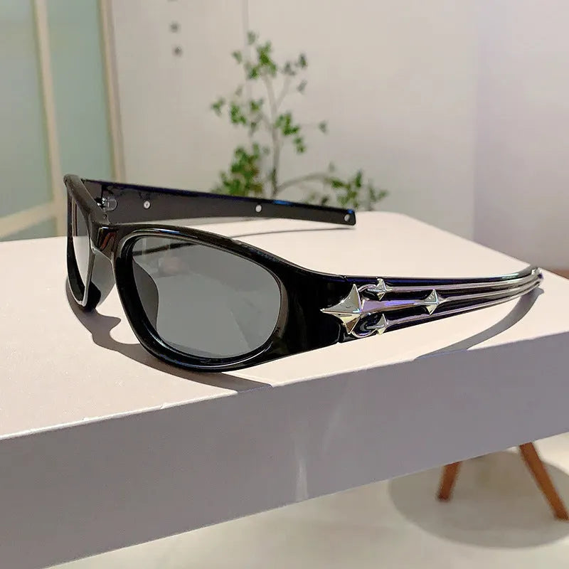 Special-shaped polycarbonate sunglasses with category 3 lenses shown in a black frame and blue lens colour option.
