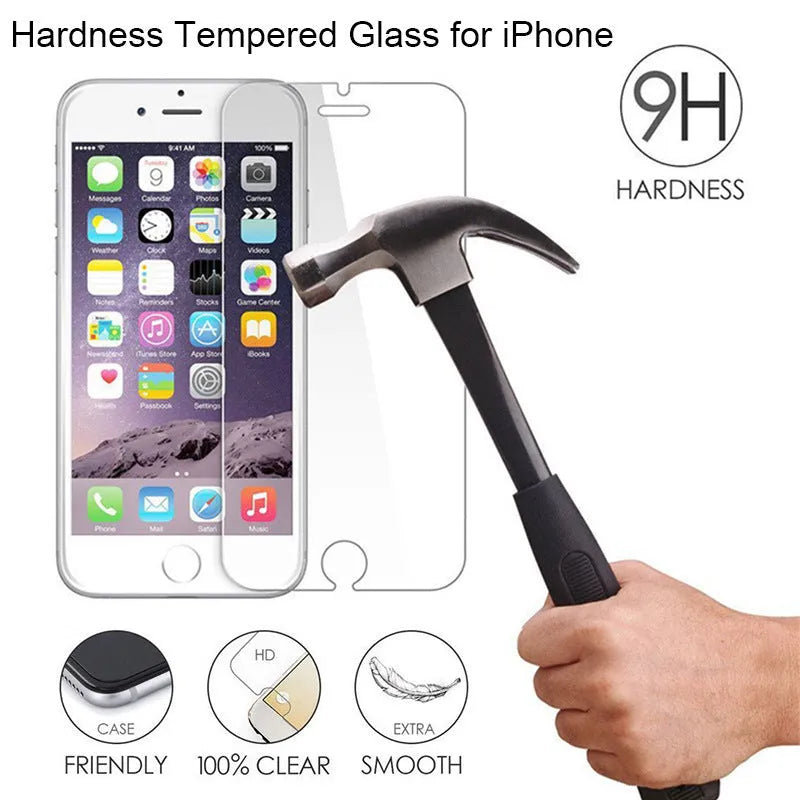 Tempered glass screen protector for iPhone showing transparent anti-fingerprint front film