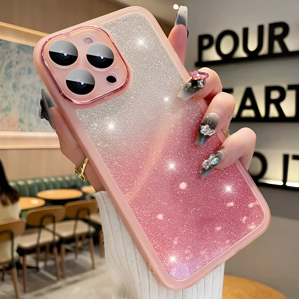 Transparent glitter silver iPhone case with magnetic ring on a smartphone.