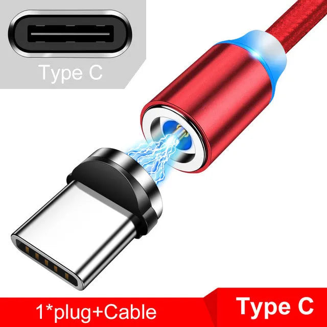 Magnetic USB charging cable with LED indicator showing black and red colour options
