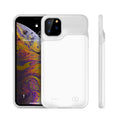 Shockproof silicone iPhone battery charger case in black, blue, pink, or white colours showing extended battery capacity.