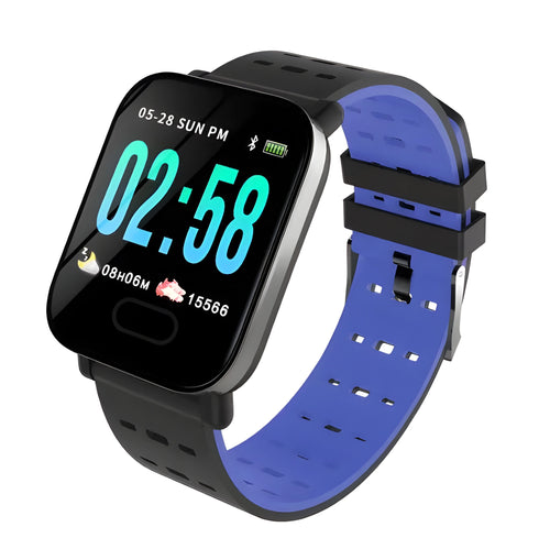 A6 smart bracelet with colour screen and blue silicone strap on a wrist