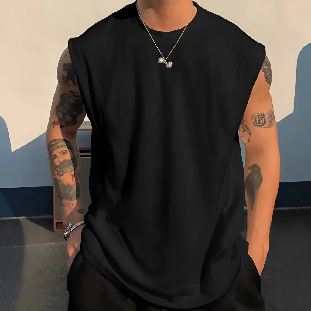 Men's loose solid colour cotton tank top on hanger showing straight hem design