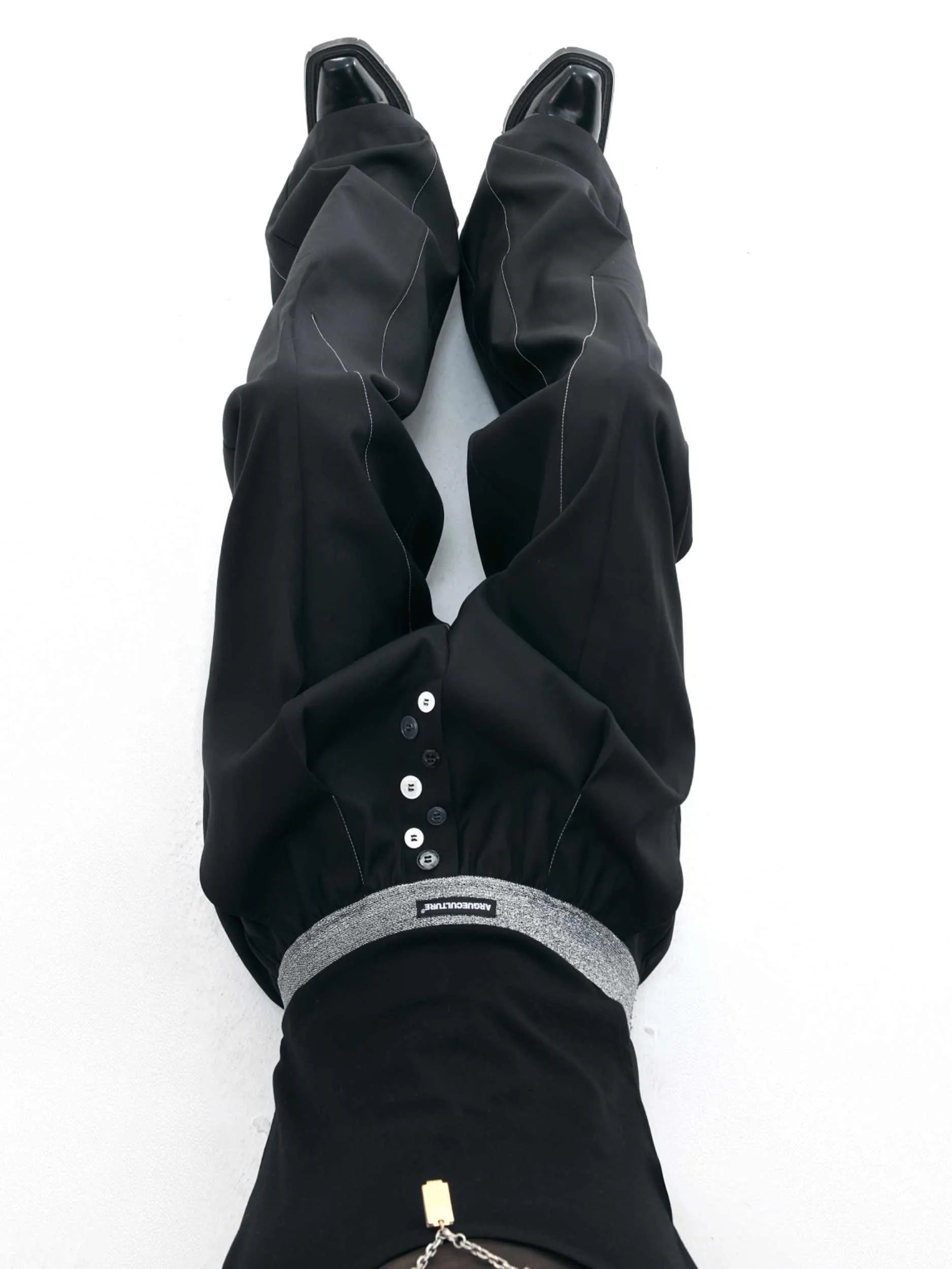 Drooping straight suit pants with button open line design detail on high waist straight-leg trousers