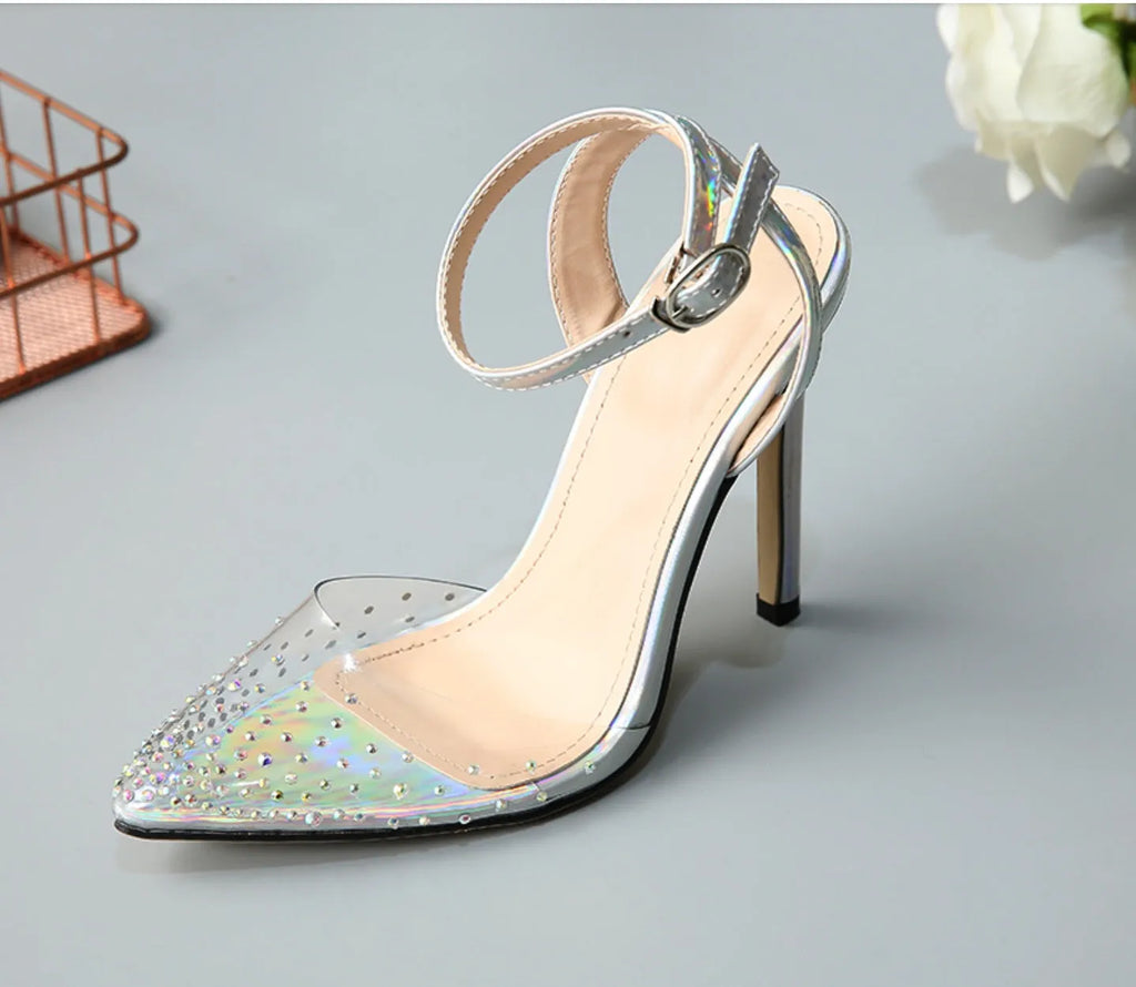 Women's pointed toe diamond sandals with stiletto heels and adjustable ankle strap