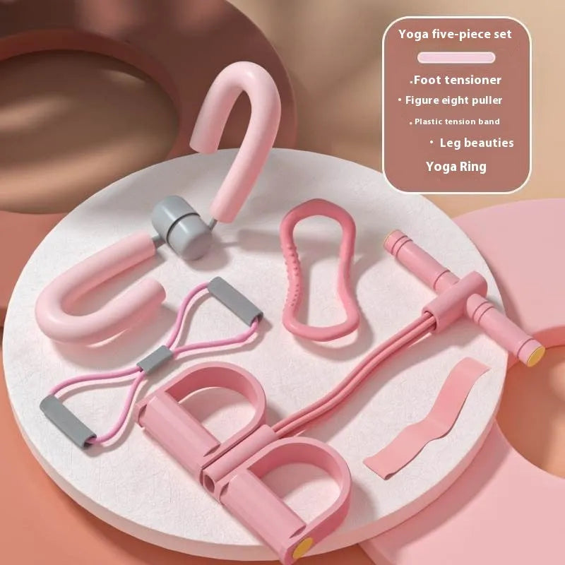 Yoga four-piece fitness set showing leg stretching device, yoga ring, pedal expander and figure eight tension rope