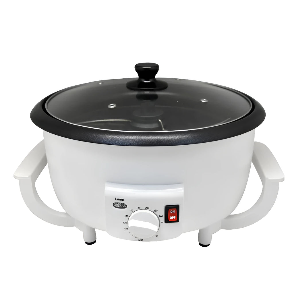 Oblate white coffee roasting machine with a 225mm base for home bean roasting.