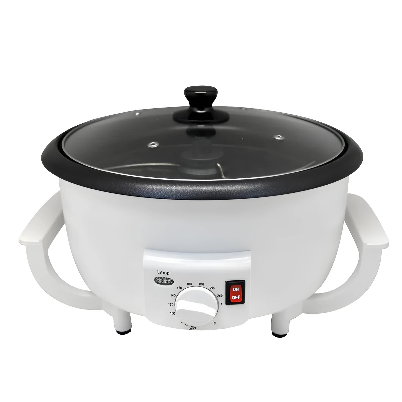 Oblate white coffee roasting machine with a 225mm base for home bean roasting.