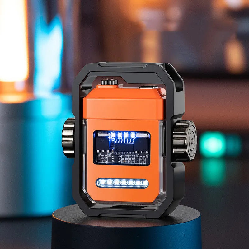 Blue double arc electric lighter with mechanical rotary gyroscope and Type-C charging port