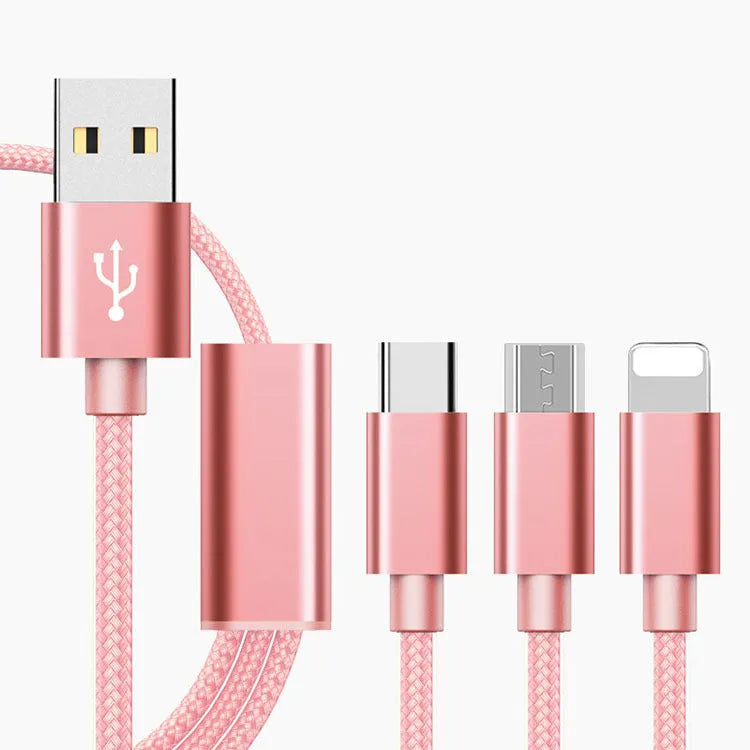 Three-in-one mobile phone charging cable with 1.2m length in multiple colour options