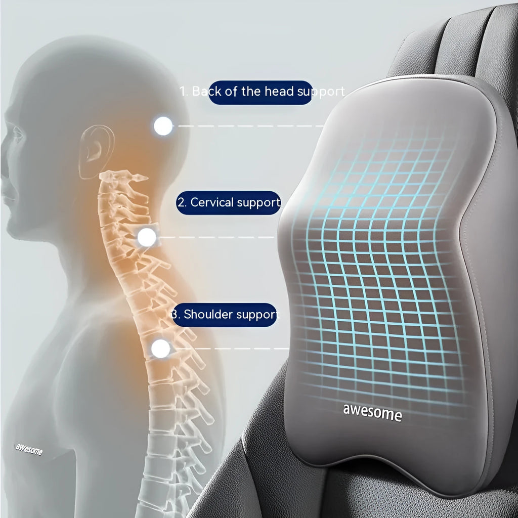 Black memory foam car headrest pillow and lumbar support pillow with removable cotton covers.