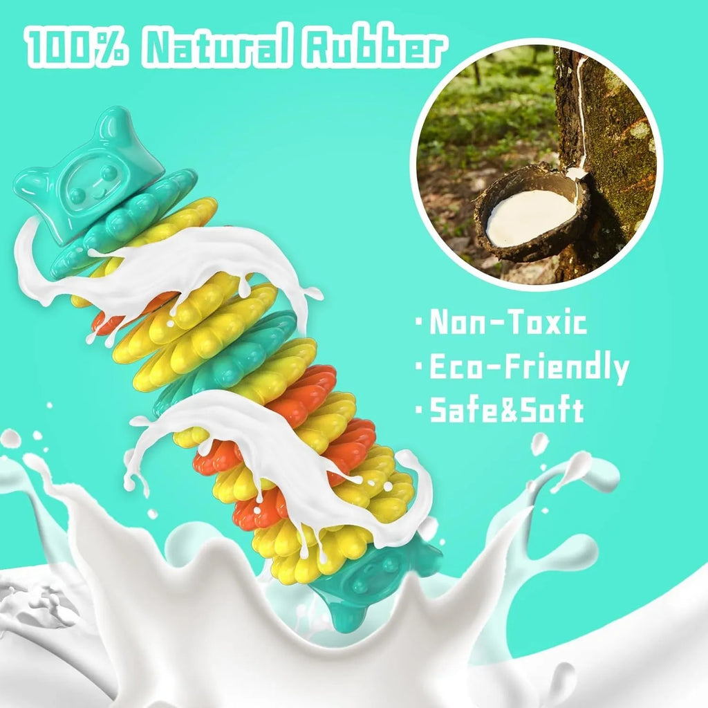Blue green pink caterpillar shaped natural rubber dog chew toy on white background