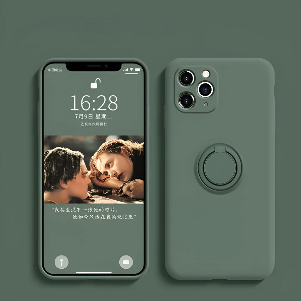 Liquid silicone iPhone 12 case with an integrated ring holder on the back, shown in a choice of colours.