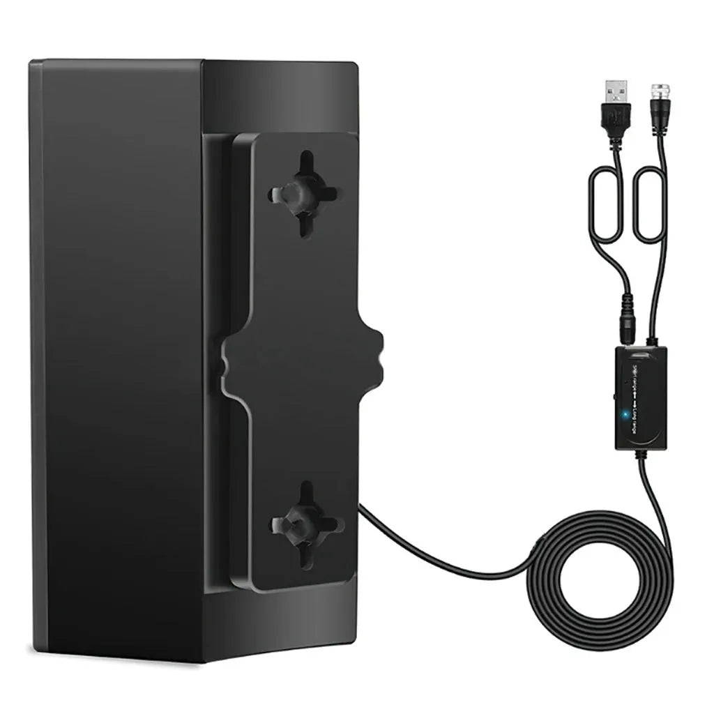 Black plastic digital television antenna with mounting accessories on white background