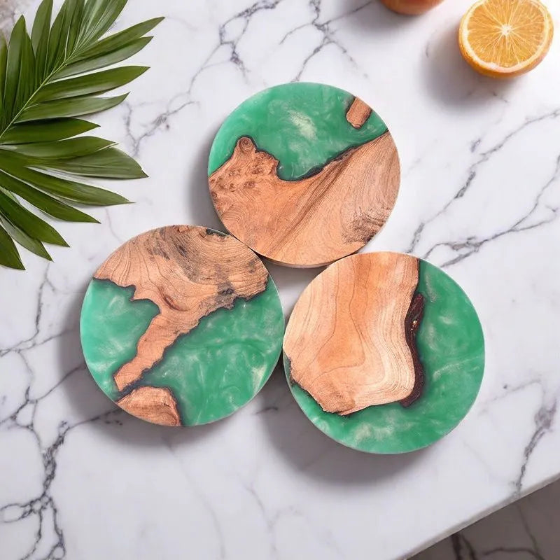 Nordic style wooden tea coaster with heat insulation resin in solid colour