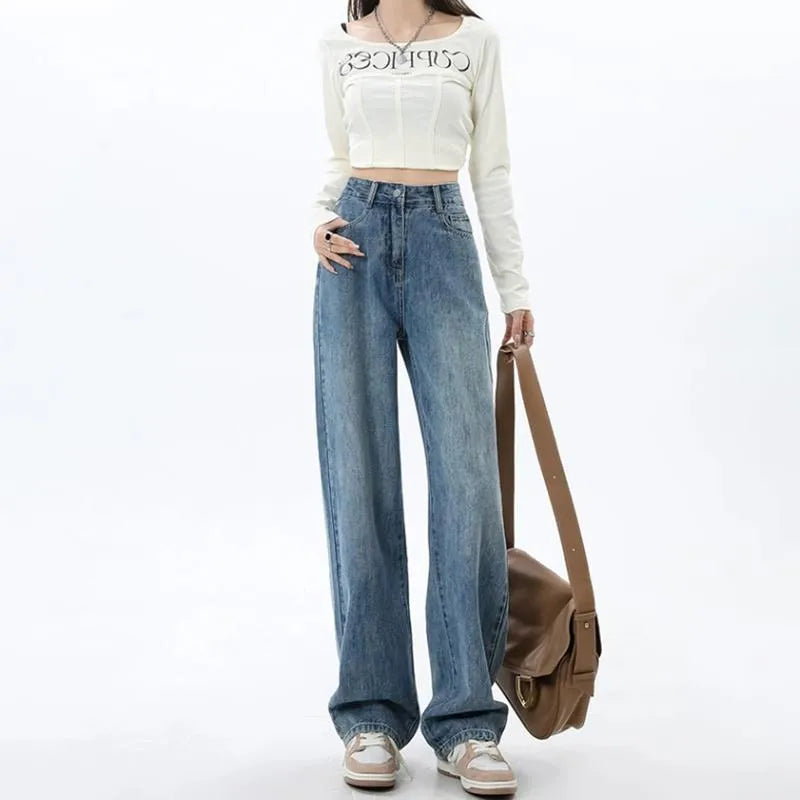 Women's retro blue high waist wide leg jeans with straight-leg trousers styling