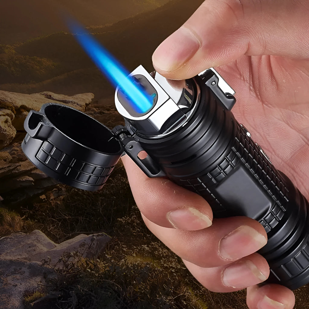 TH727 multi-function metal flashlight lighter in camouflage, red, black, blue or yellow colour.