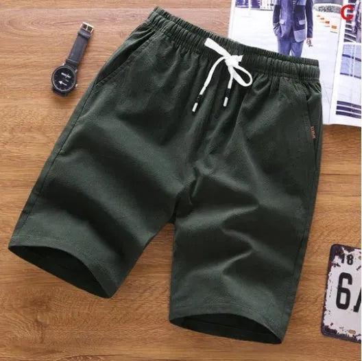 Men's middle-waisted cotton summer shorts with lace-up placket in seven colour options