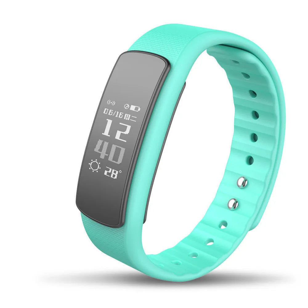 I6 smart sports bracelet with black TPU wristband and 0.96 inch touchscreen displaying health data.