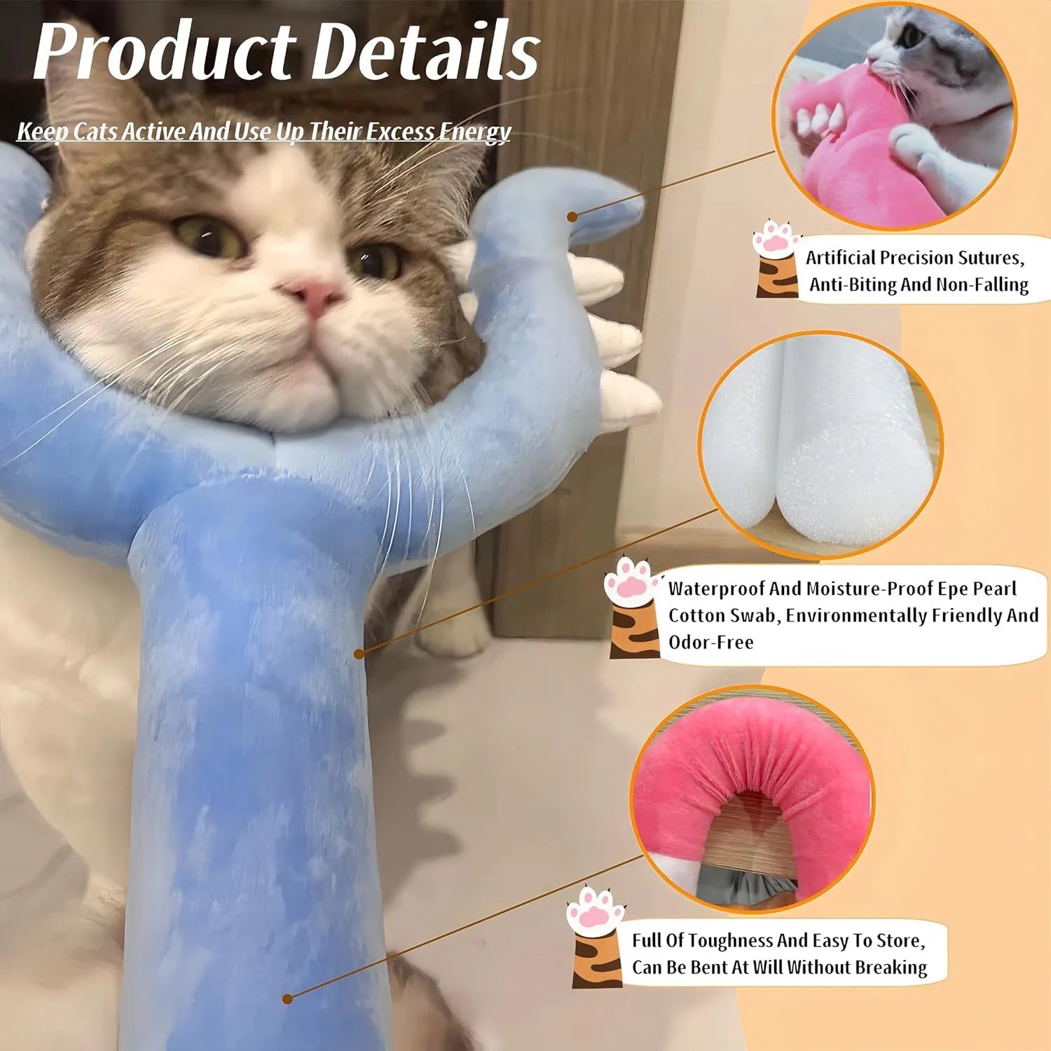 70cm blue plush cat wand toy with foam-filled head for indoor cat play