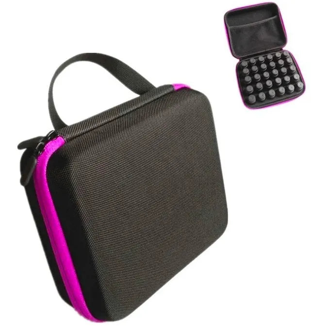 Red EVA cube essential oil storage bag with 30 compartments for 15ml bottles, shown wall-mounted.