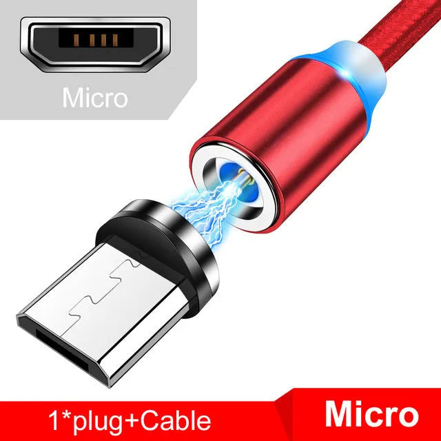 Magnetic USB charging cable with LED indicator showing black and red colour options
