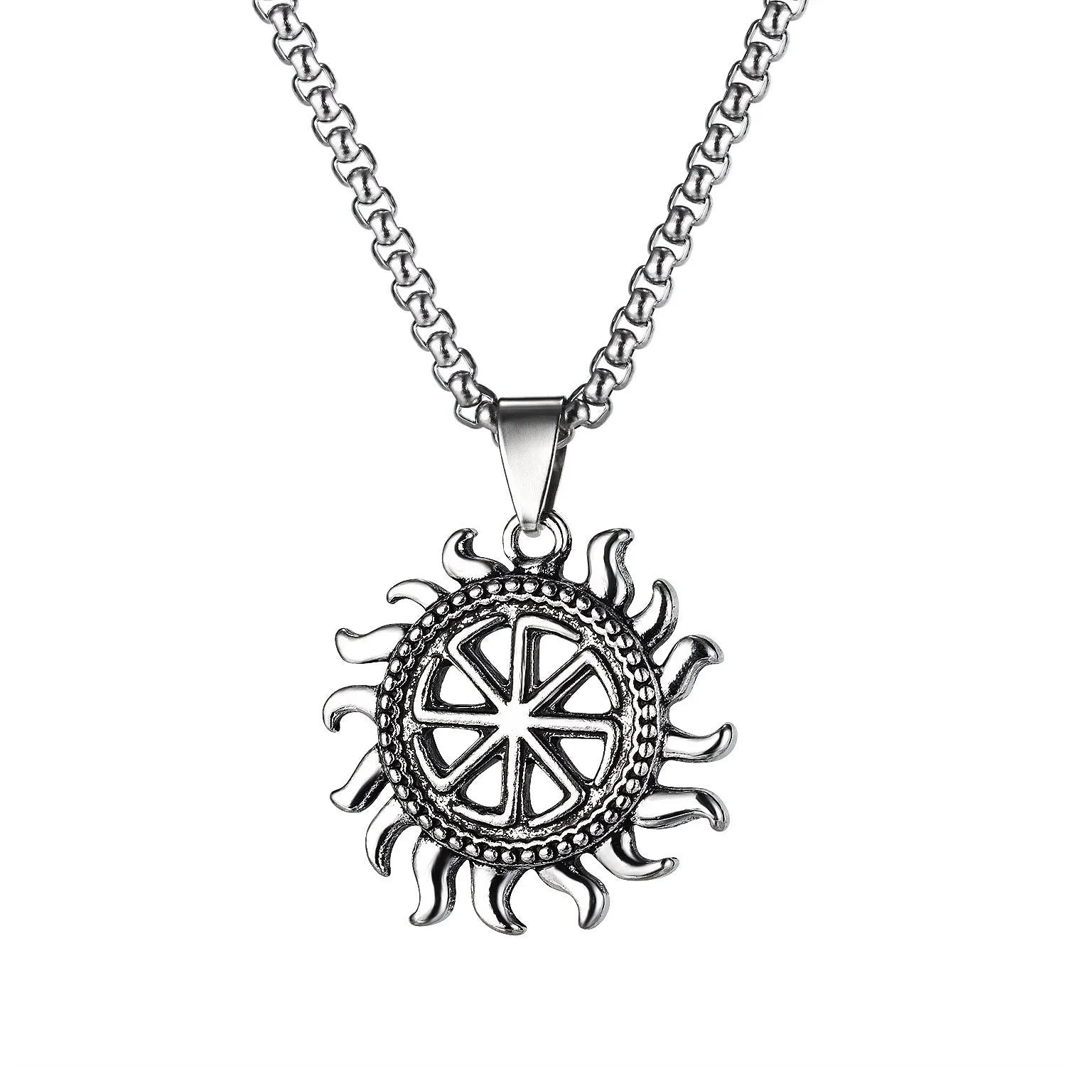 Men's stainless steel necklace with electroplated silver finish showing multiple pendant design options including skull, dagger and screw motifs