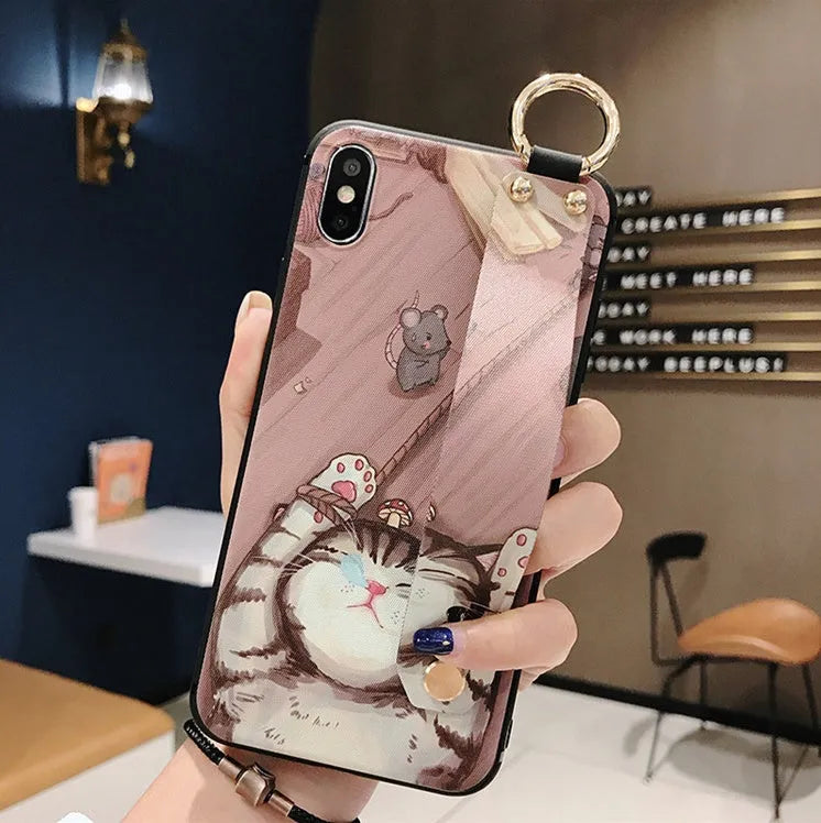 Rose floral patterned phone case with a wrist strap attachment point for iPhone.