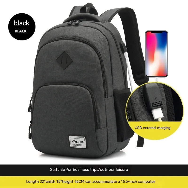 Lightweight USB charging backpack in grey with trolley sleeve and thickened nylon fabric