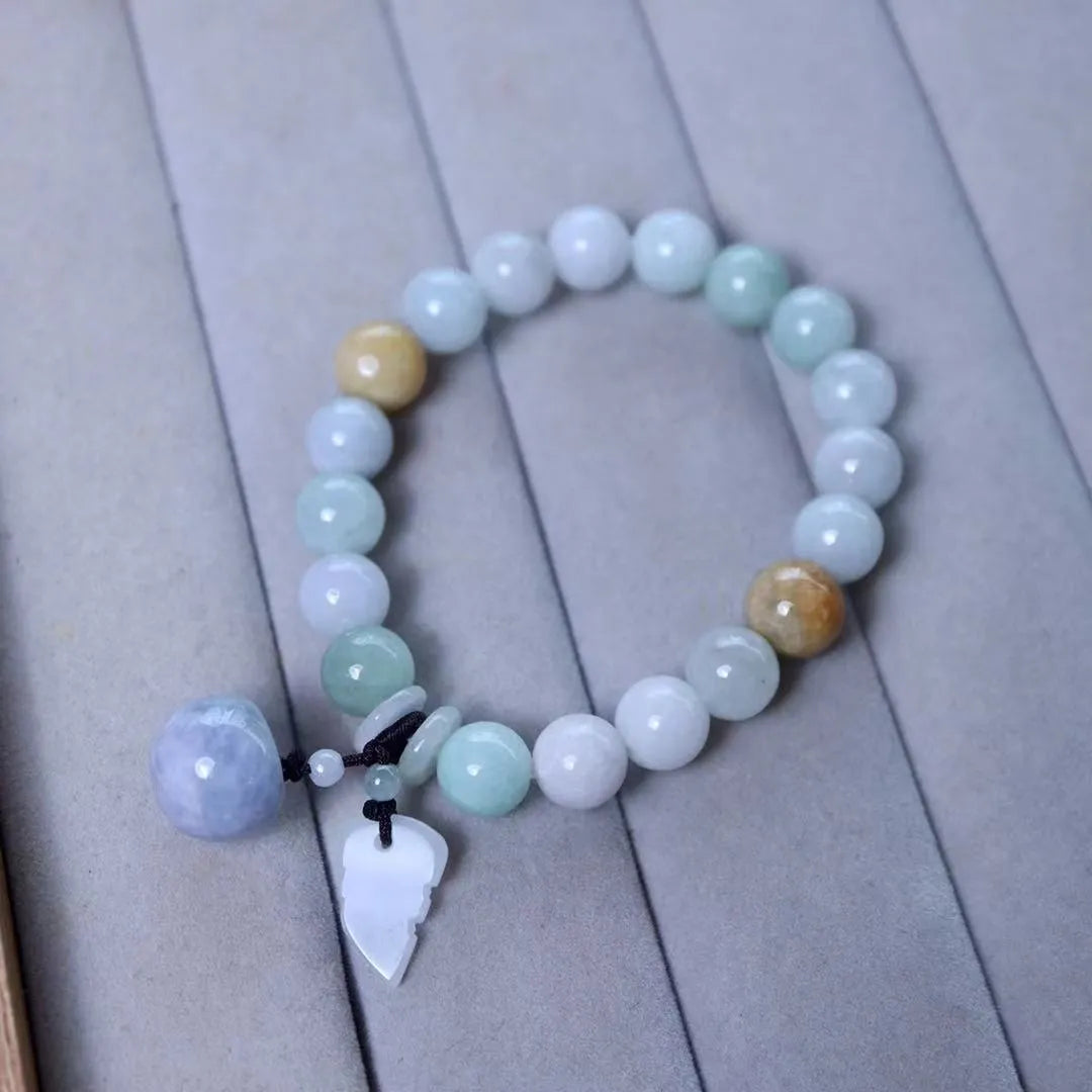 Adjustable natural jade bracelet with geometric pendant and symbolic apple, Maitreya, gourd, and money bag charms.