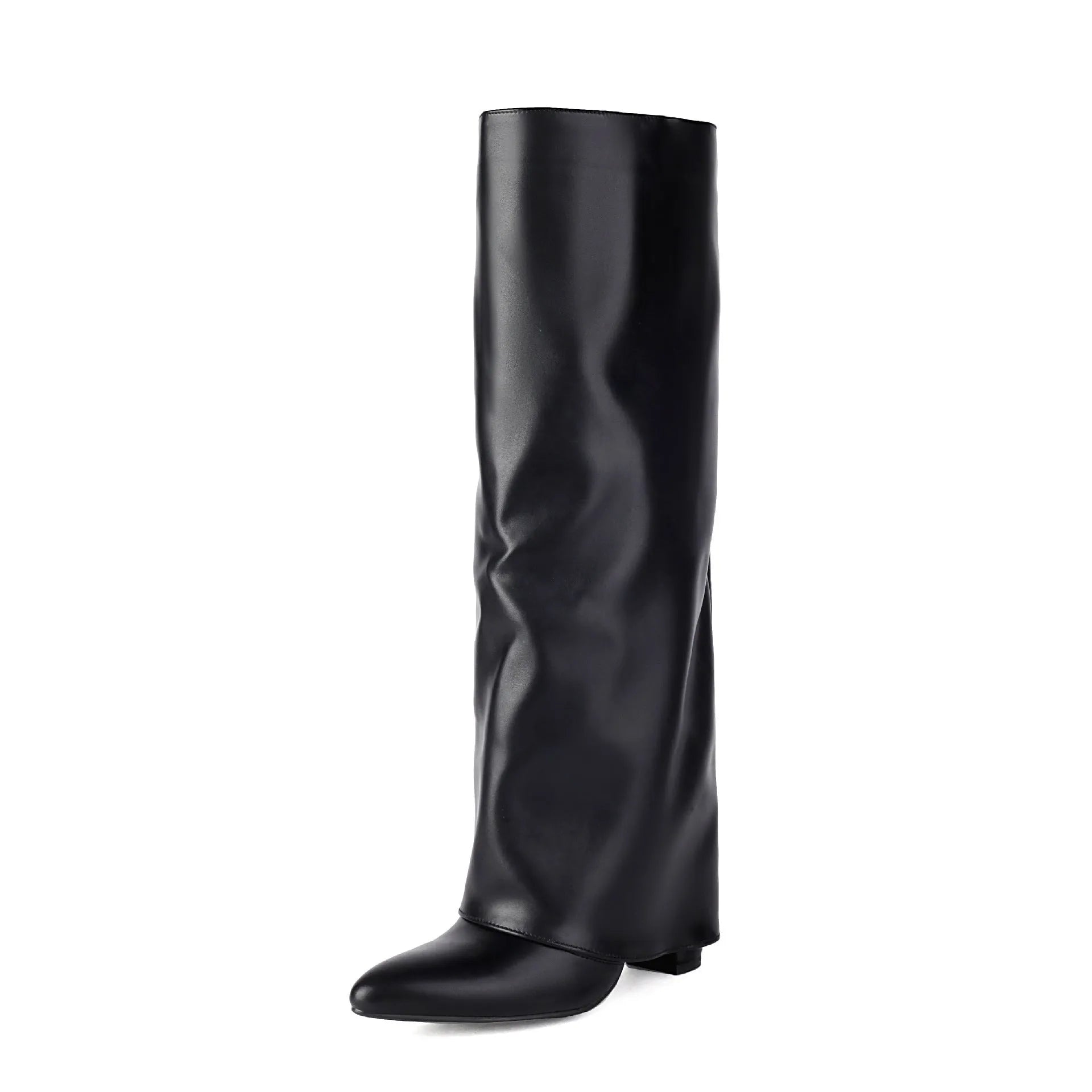 Women's black thick high heel boot with sewing line detail on artificial PU upper