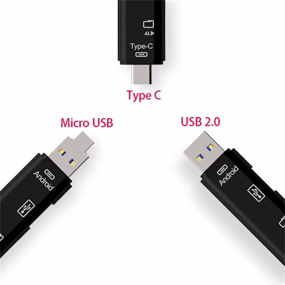 Black Type-C Micro USB OTG hub adapter with TF card reader slot and USB ports