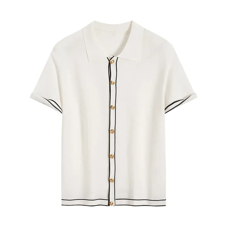 White cardigan with contrast colour lapels and short sleeves laid flat