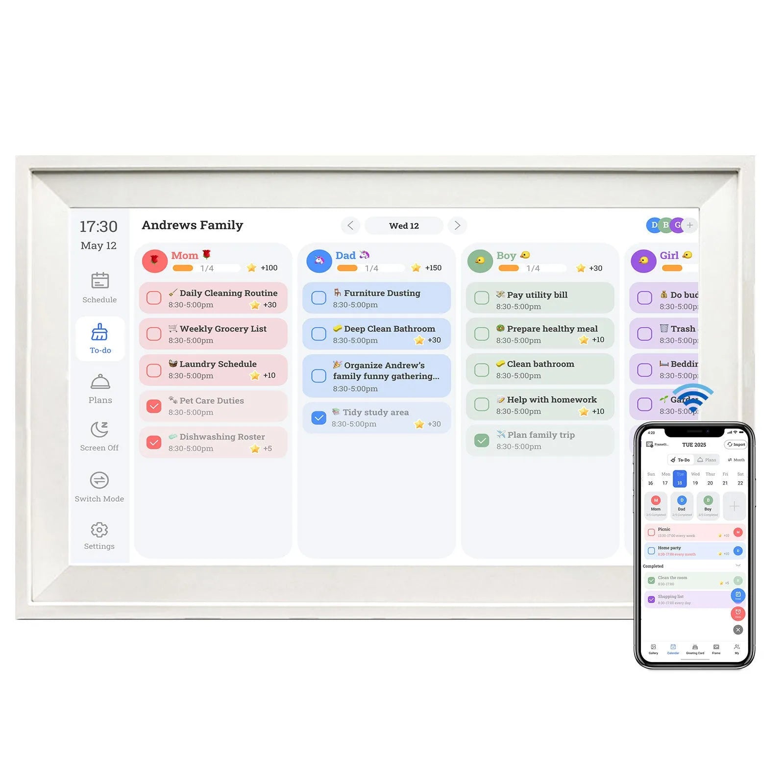 White smart digital photo frame with 15.6 inch screen on a table, showing a family photo.