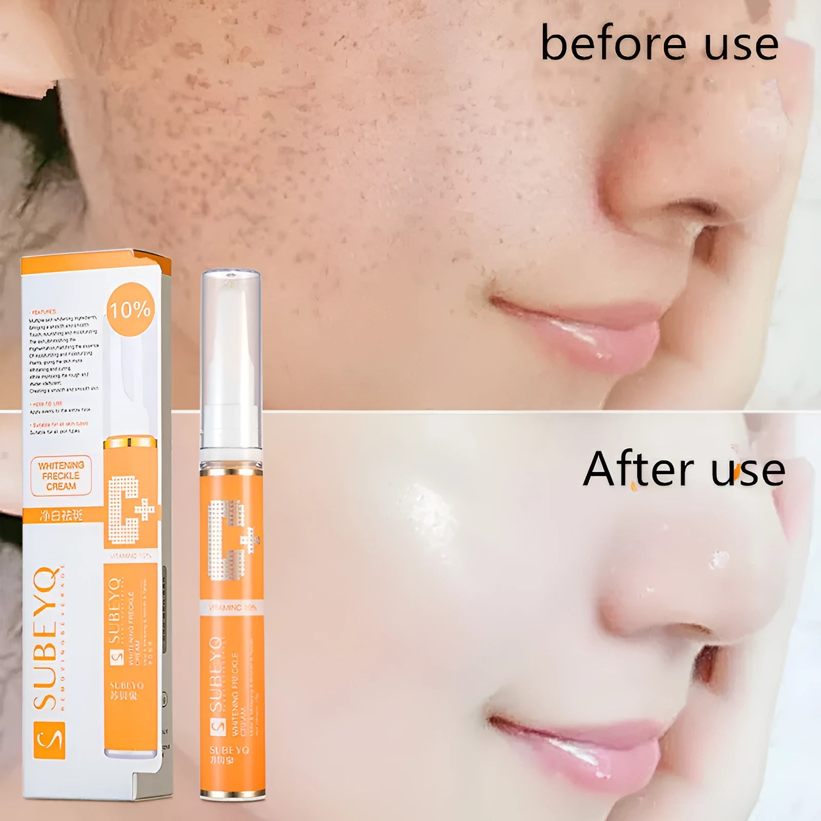 15g freckle cream in orange packaging with skin whitening and moisturising ingredients
