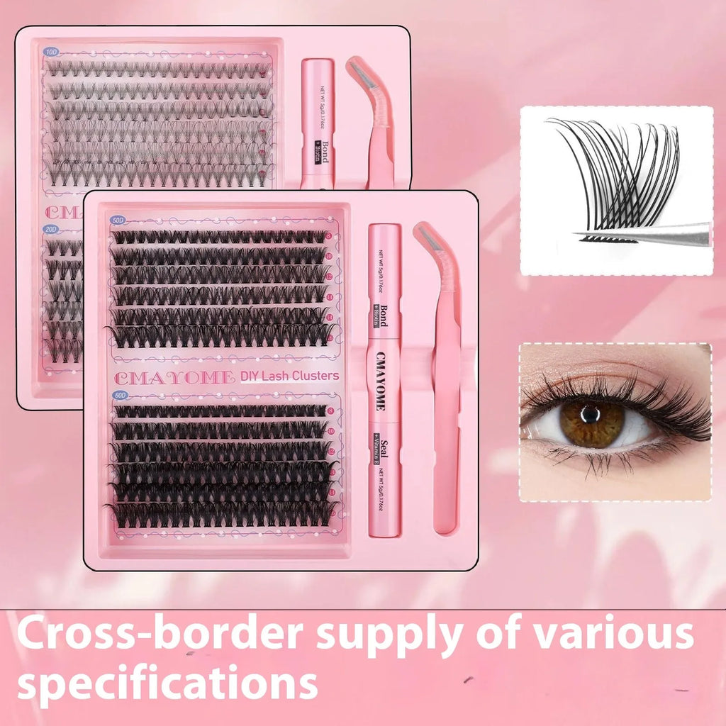 DIY single cluster false eyelashes set with four style options on a clear tray