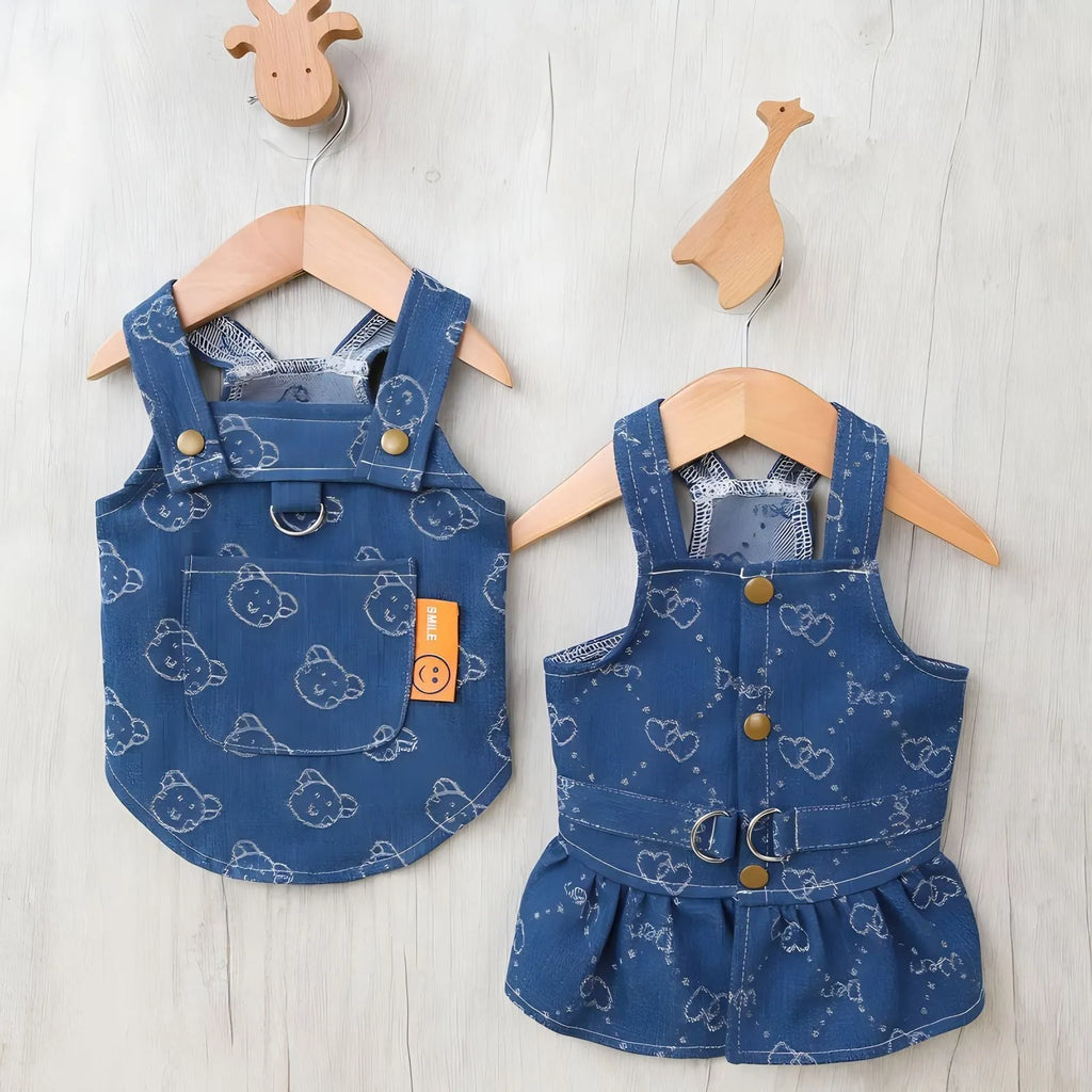 Denim princess dress for small dog on hanger showing bracket skirt style