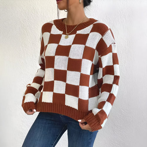 Dark brown plaid acrylic pullover sweater with round neck and long sleeves on hanger