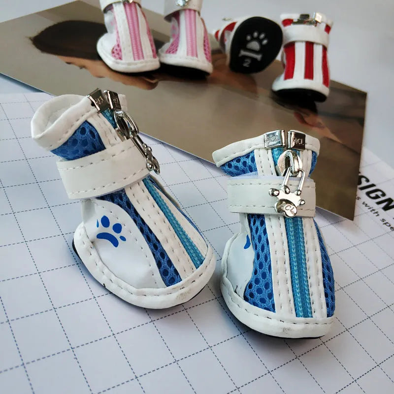 VIP-branded cloth dog sneakers with zipper closures in blue, pink or red colours