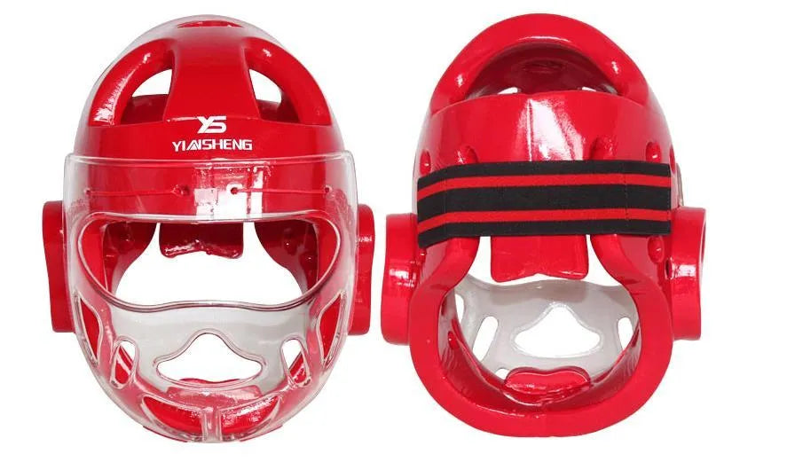 Karate helmet protective equipment in white blue red colours with S M L XL sizing for boxing head protection