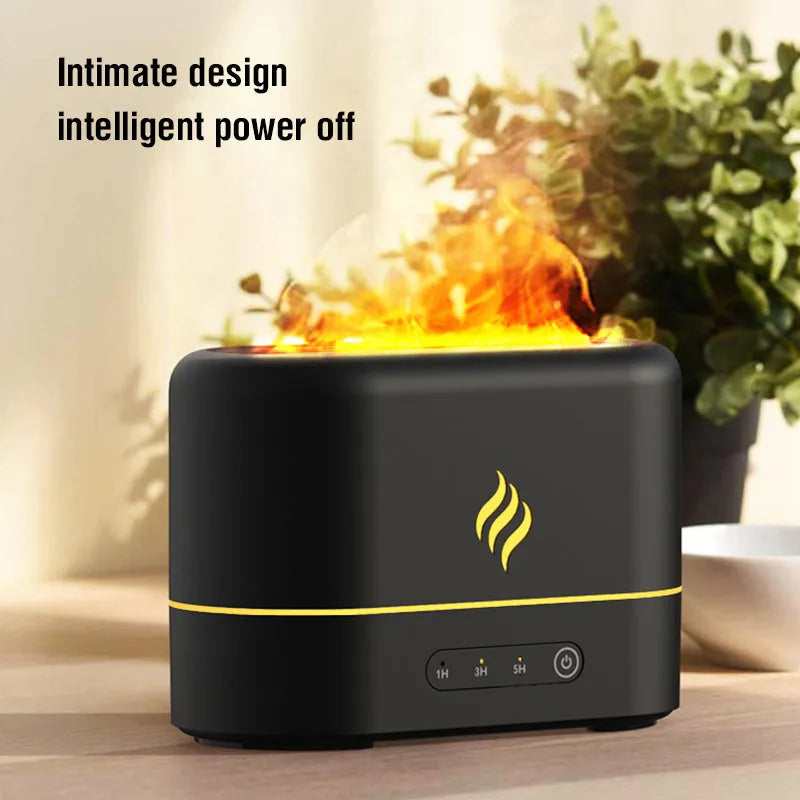Seven-colour flame simulation aroma diffuser humidifier with USB cable on desktop